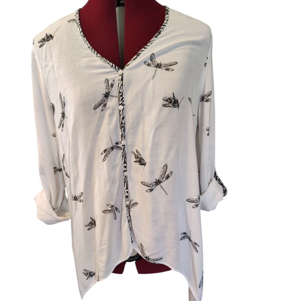 Karen Kane Dragonfly Asymmetrical Bohemian Blouse Button-Tab Long Sleeves Size M